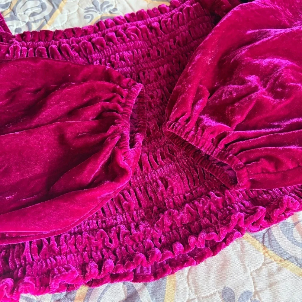 Anthropologie Magenta Pink Rose Smocked Velvet Puff Sleeve Peasant Blouse, M